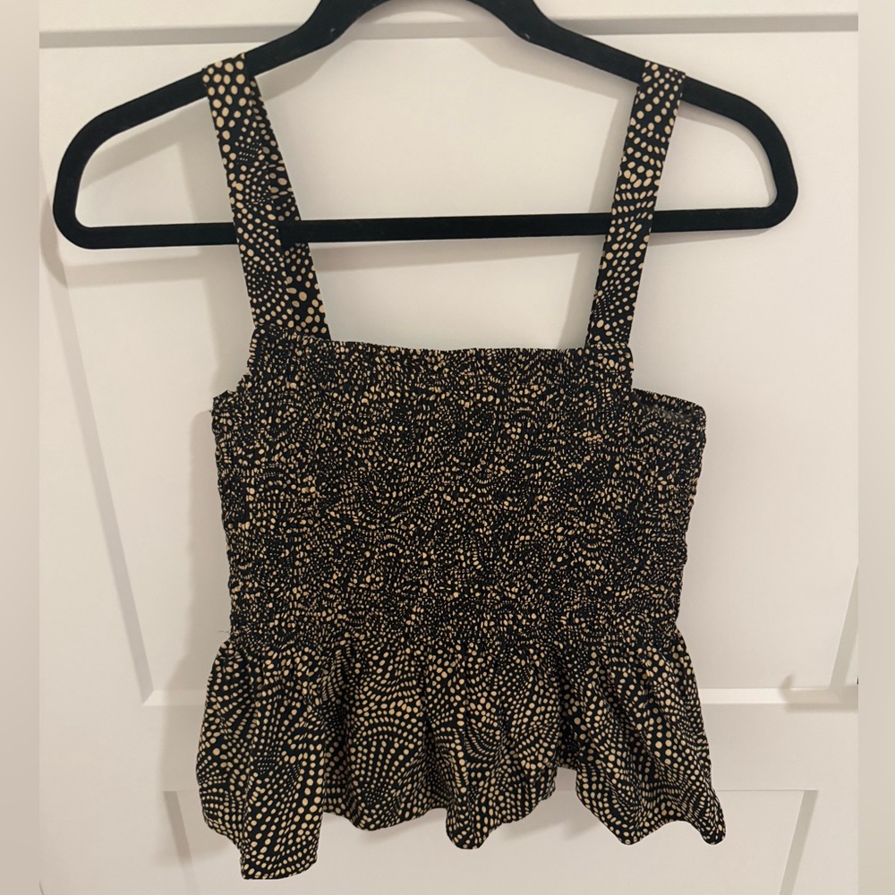 Madewell Smocked Peplum Tank Top Size 8 Black Tan Print Ruffle Hem